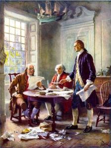This idealized depiction of (left to right) Franklin, Adams, and Jefferson working on the Declaration (Jean Leon Gerome Ferris, 1900) was widely reprinted.